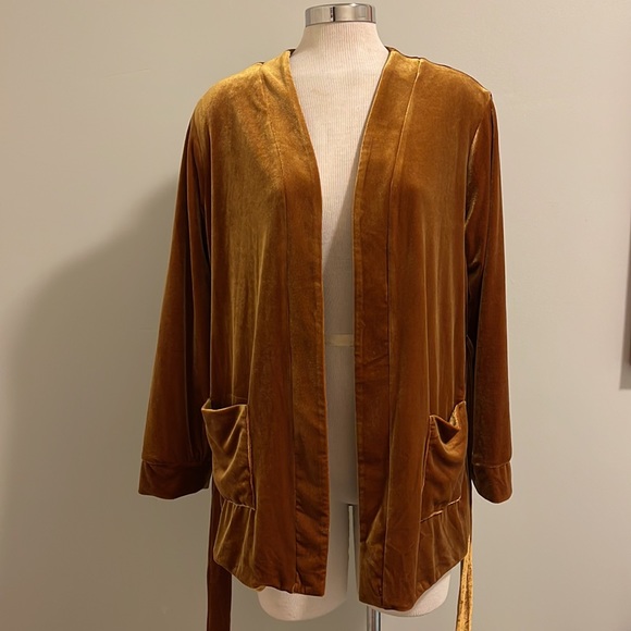 Nordstrom Ochre Velvet Cardigan with Belt & Pockets size L - Picture 2 of 11